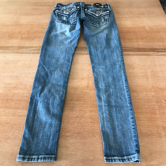 Miss Me Signature Cuffed Skinny Jeans Women 25 Blue Low Rise Aztec Patch Flap - Picture 3 of 16